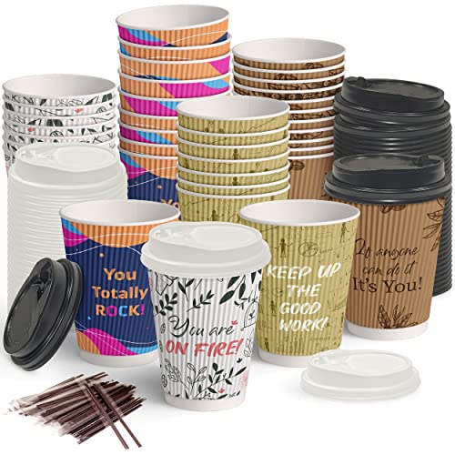 Dessie 100 Disposable Coffee Cups with Lids 12 Oz, To Go Coffee Paper Cups with Lids and Stirrers, Motivational Coffee Cups with Lids 12 Oz. (You Totally Rock)